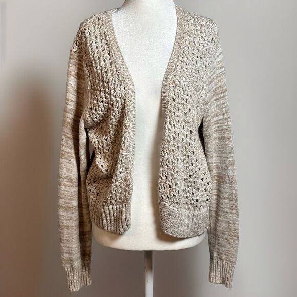 Converse 90s Open Knit Cardigan L | Beige Boho Coastal Beach Hippie Fall Sweater - Picture 1 of 8